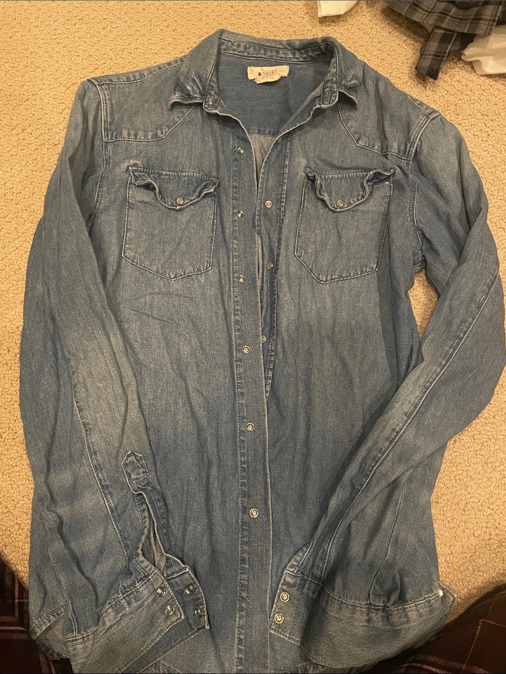 Shi by JOURNEYS Dark Blue Denim Shirt with Tan Label